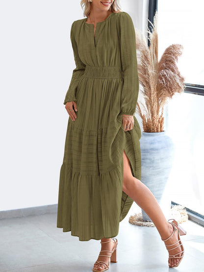 Notch Neck Puff Long Sleeves Pockets Tiered A-Line Midi Dress
