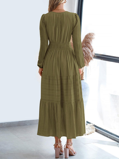 Notch Neck Puff Long Sleeves Pockets Tiered A-Line Midi Dress