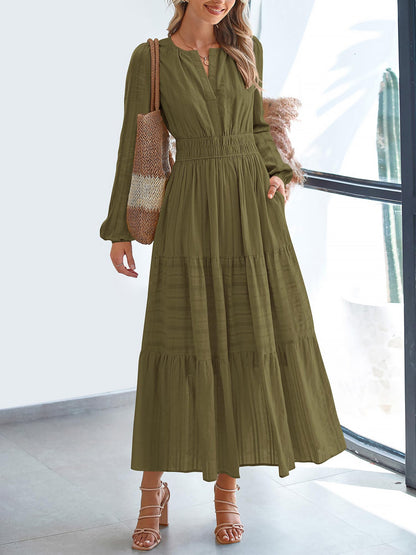 Notch Neck Puff Long Sleeves Pockets Tiered A-Line Midi Dress