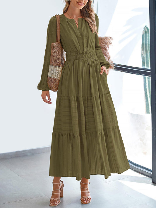 Notch Neck Puff Long Sleeves Pockets Tiered A-Line Midi Dress