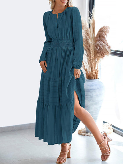 Notch Neck Puff Long Sleeves Pockets Tiered A-Line Midi Dress