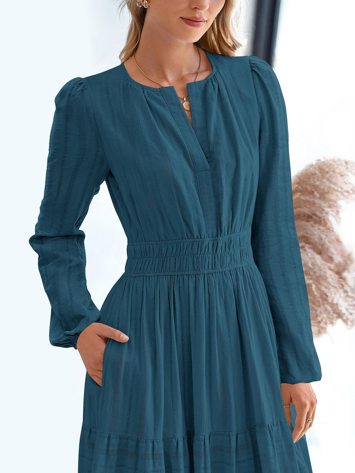 Notch Neck Puff Long Sleeves Pockets Tiered A-Line Midi Dress