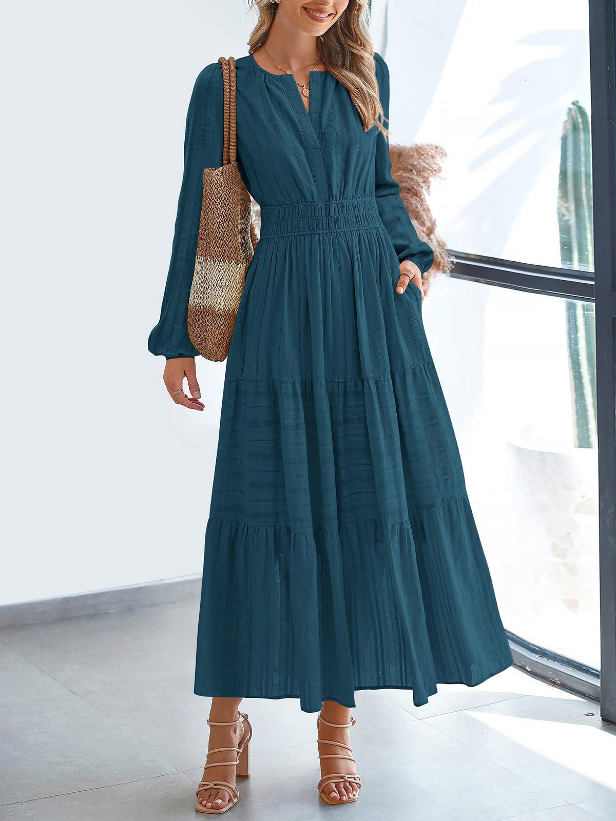 Notch Neck Puff Long Sleeves Pockets Tiered A-Line Midi Dress