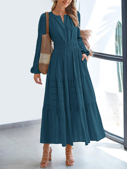 Notch Neck Puff Long Sleeves Pockets Tiered A-Line Midi Dress