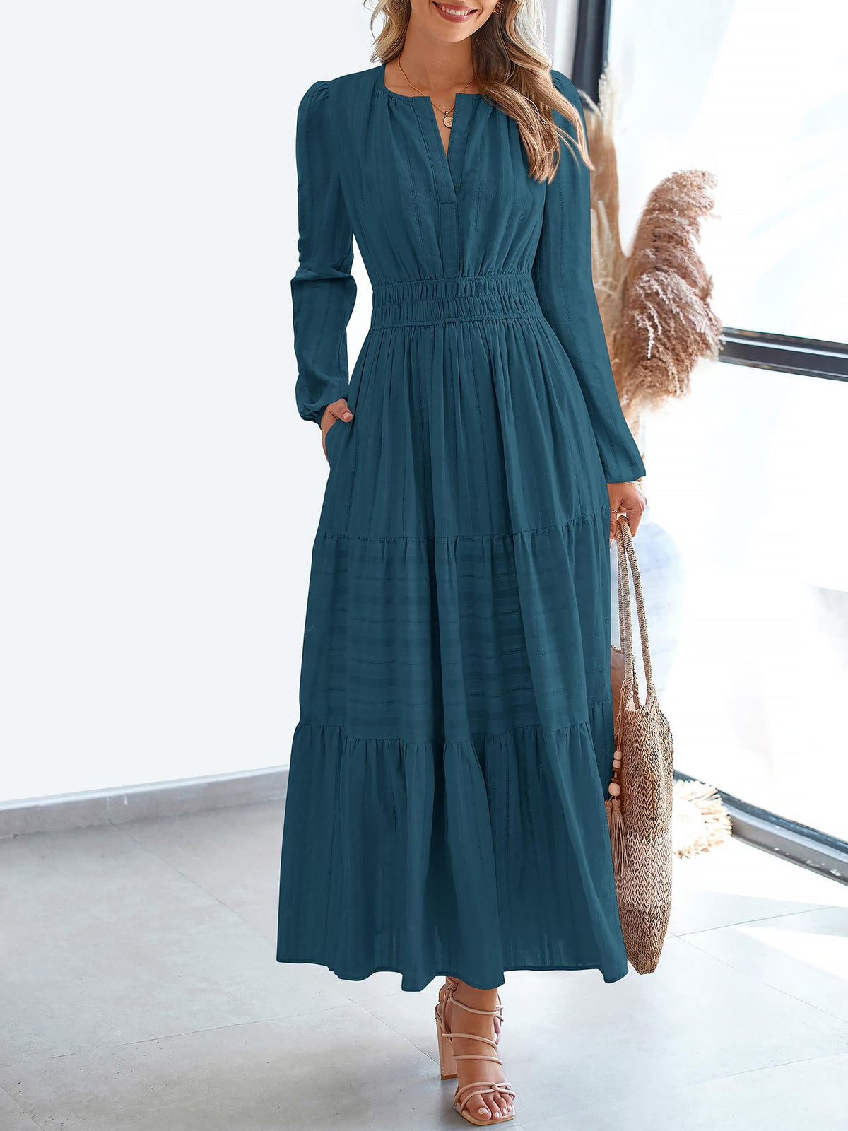Notch Neck Puff Long Sleeves Pockets Tiered A-Line Midi Dress