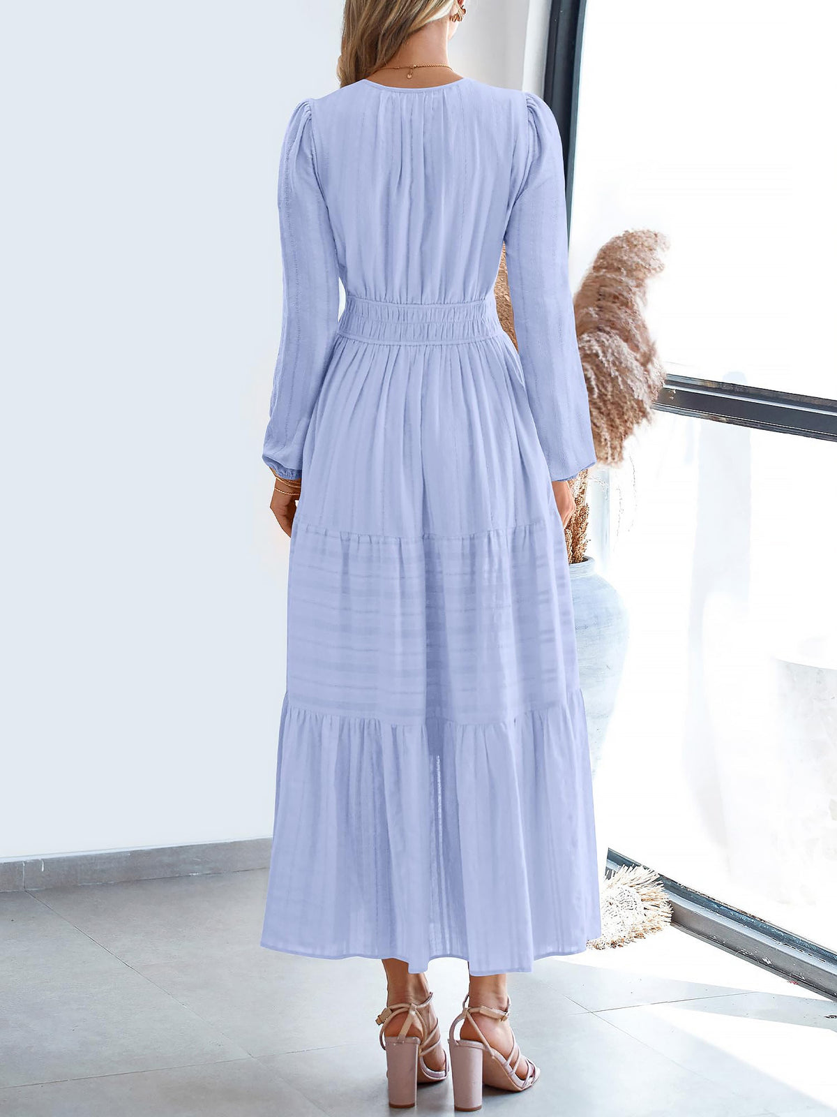 Notch Neck Puff Long Sleeves Pockets Tiered A-Line Midi Dress