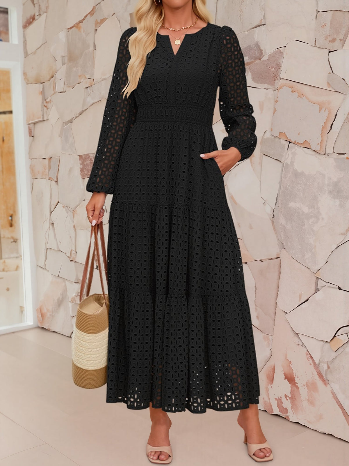Notch Neck Puff Long Sleeves Eyelet Pockets A-Line Tiered Maxi Dress