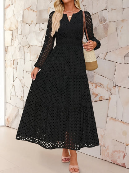 Notch Neck Puff Long Sleeves Eyelet Pockets A-Line Tiered Maxi Dress
