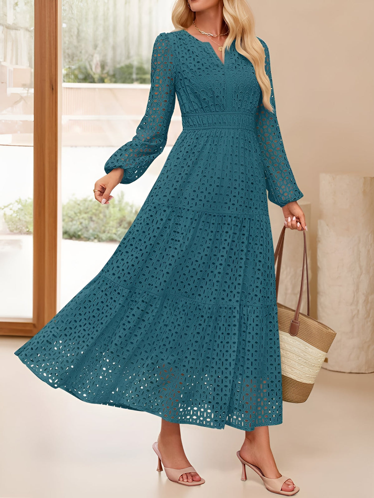 Notch Neck Puff Long Sleeves Eyelet Pockets A-Line Tiered Maxi Dress