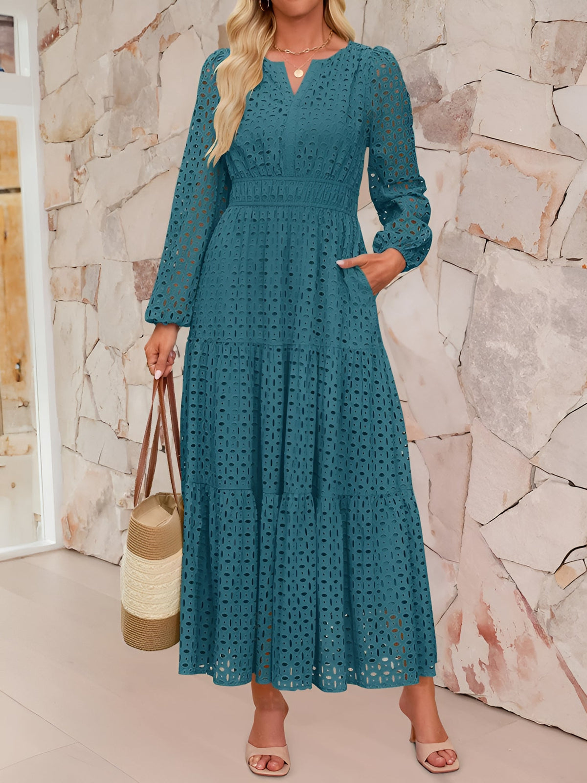 Notch Neck Puff Long Sleeves Eyelet Pockets A-Line Tiered Maxi Dress