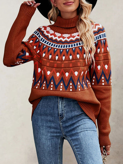 Turtleneck Long Sleeves Knitted Pullover Fair Isle Ski Sweater