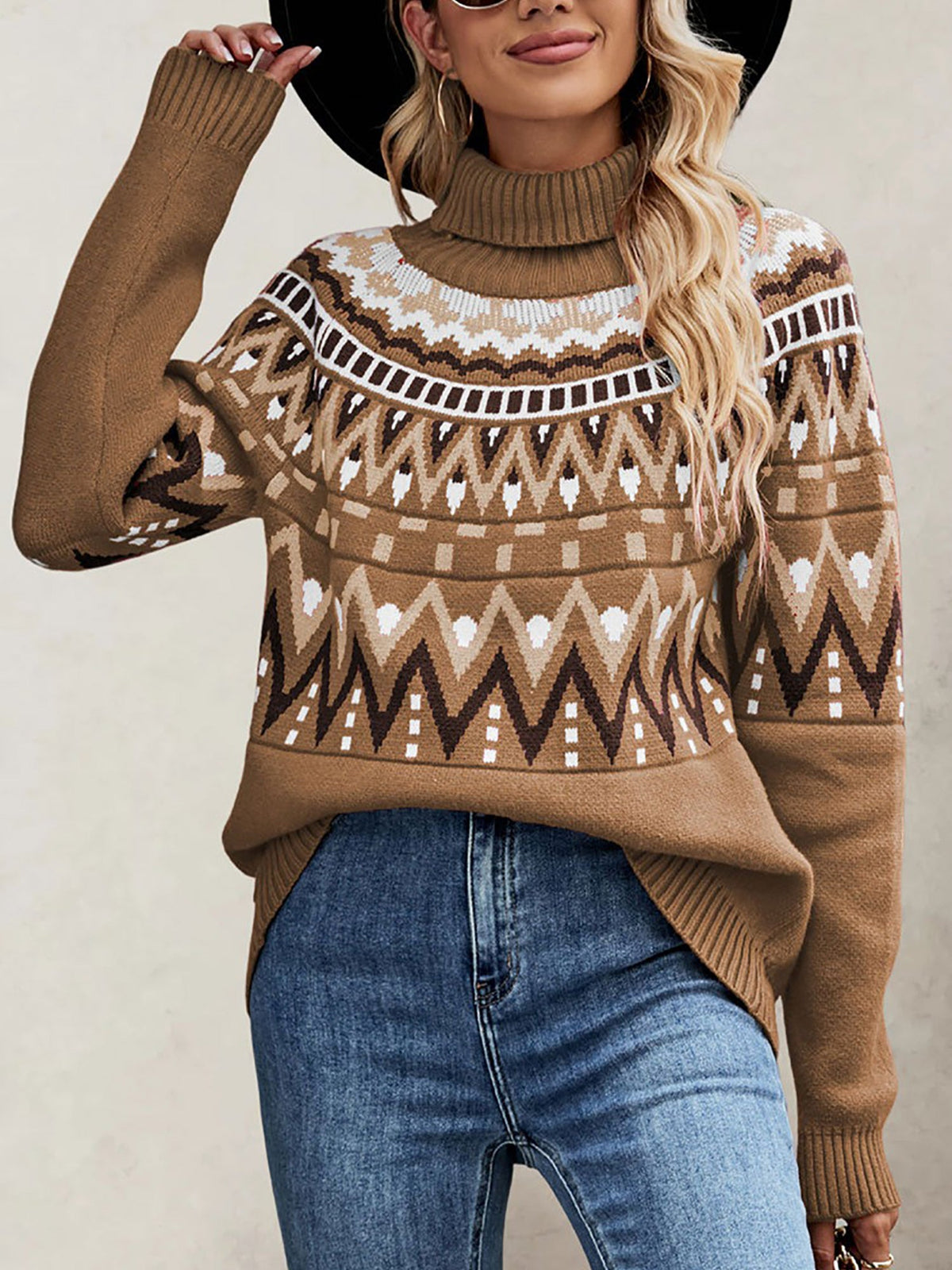 Turtleneck Long Sleeves Knitted Pullover Fair Isle Ski Sweater