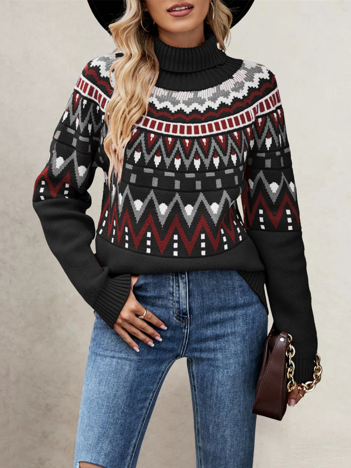 Turtleneck Long Sleeves Knitted Pullover Fair Isle Ski Sweater