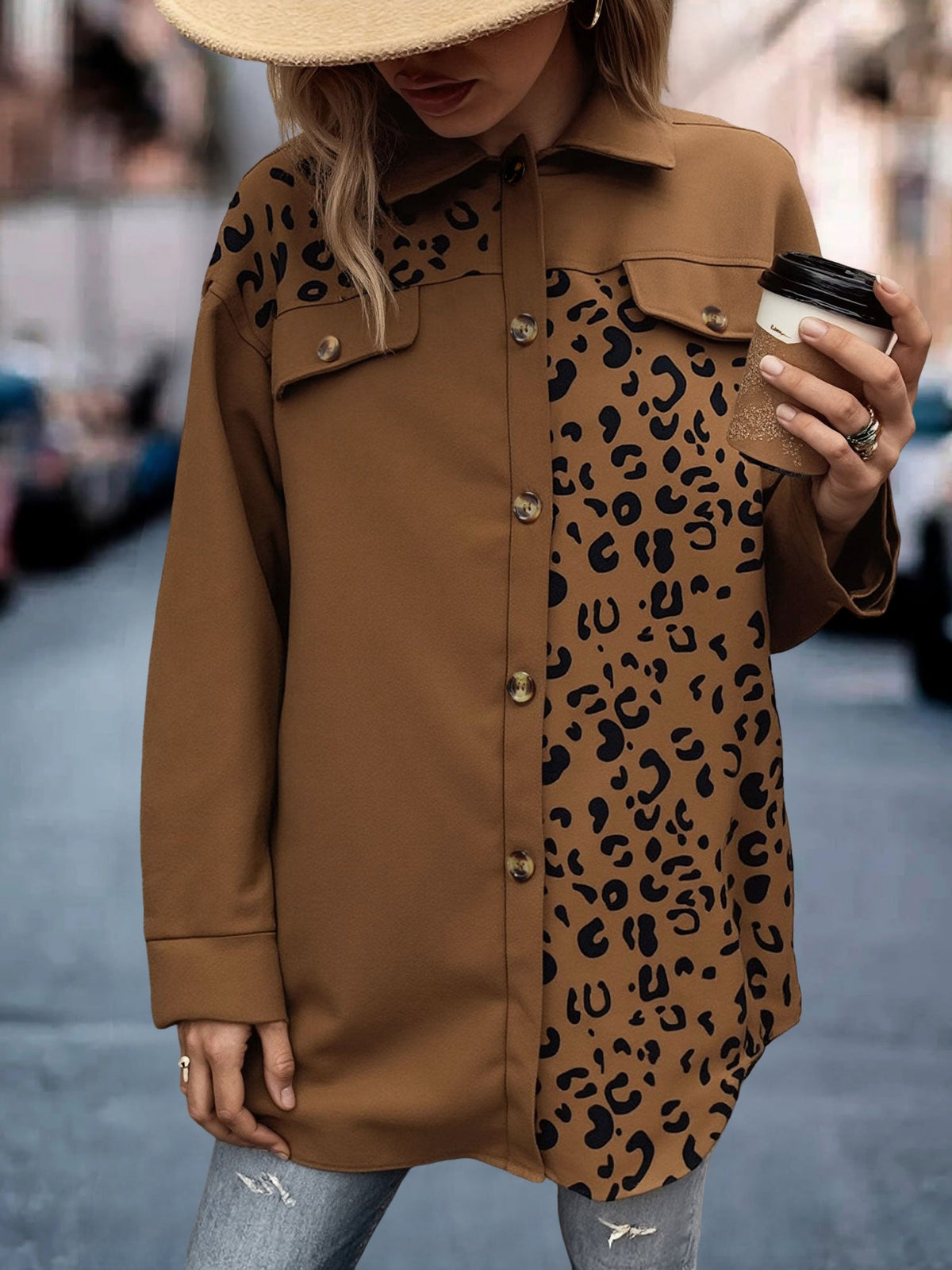 Leopard Print Patchwork Long Sleeves Shirt Shackets