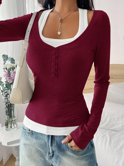 Fake-Two-Piece Color Blocked Stretch Long Sleeves Top