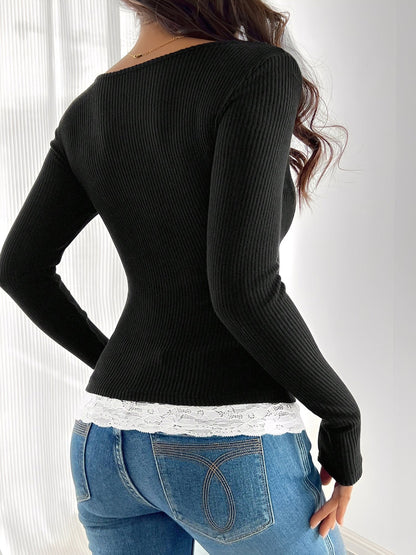 Colorblock Lace Patchwork Long Sleeves Blouse