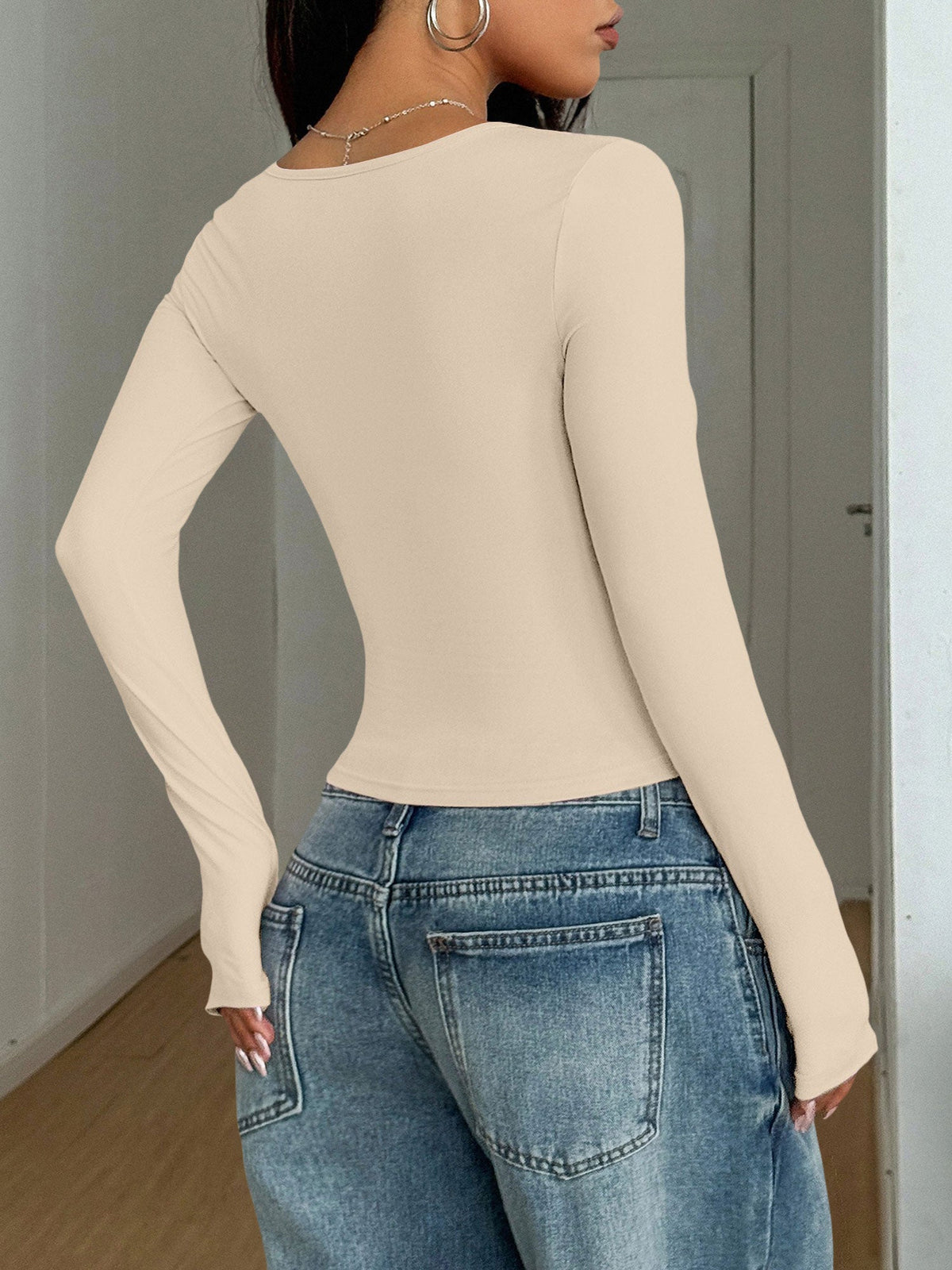 Y2K Style Solid Color U Neck Long Sleeve Tops