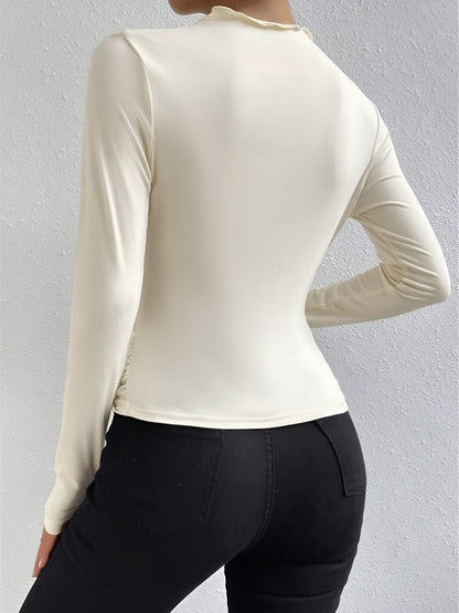 Solid Color Ruched Long Sleeves Slim Fit Blouse