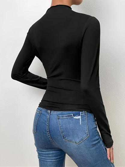 Solid Color Ruched Long Sleeves Slim Fit Blouse