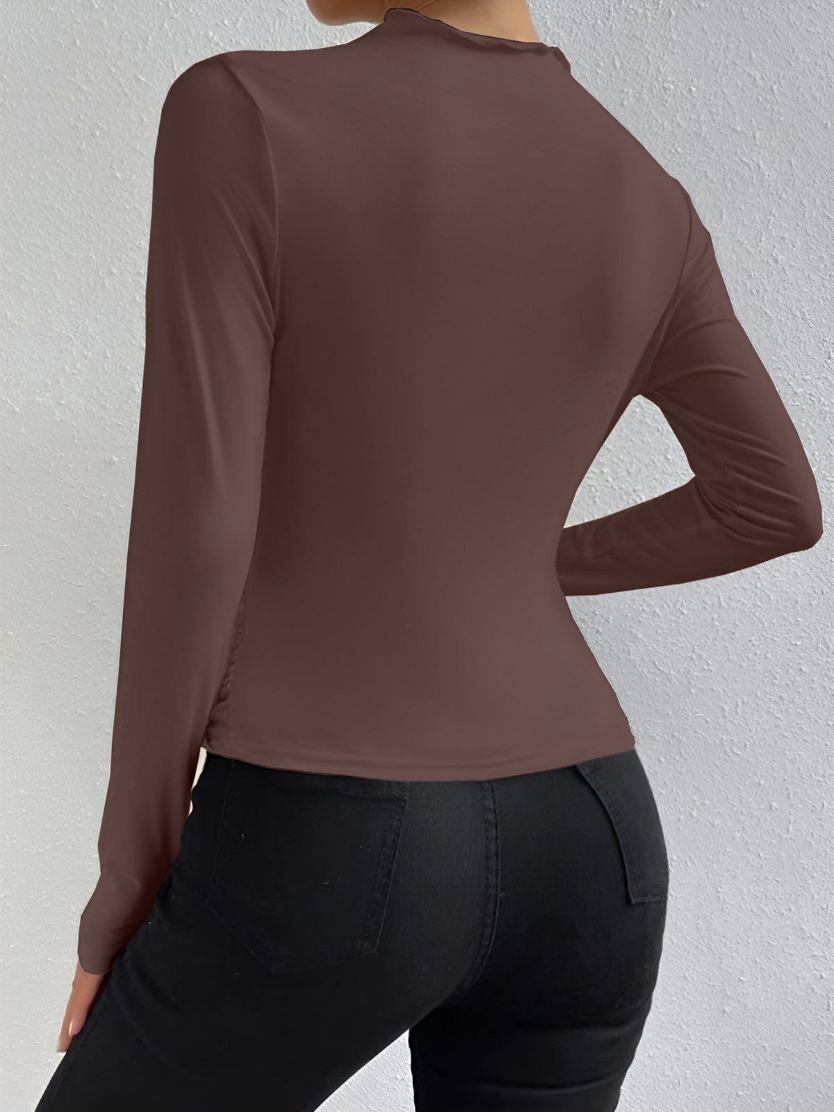 Solid Color Ruched Long Sleeves Slim Fit Blouse