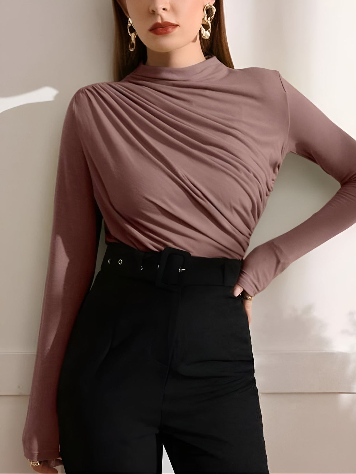 Ruched Mock Neck Long Sleeves Solid Color Blouse