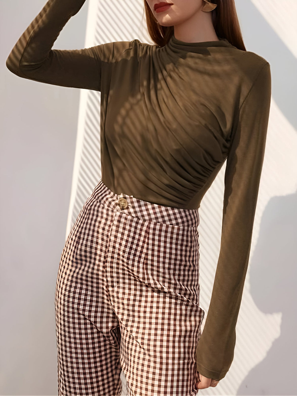 Ruched Mock Neck Long Sleeves Solid Color Blouse