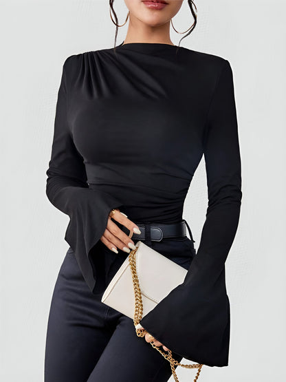 Solid Color Mock Neck Flared Sleeve Ruched Blouse