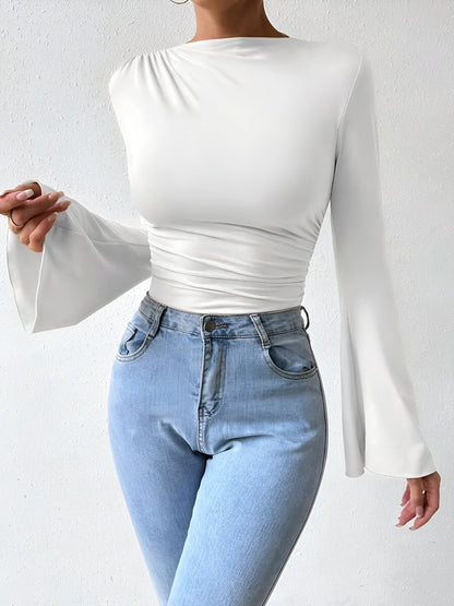 Solid Color Mock Neck Flared Sleeve Ruched Blouse
