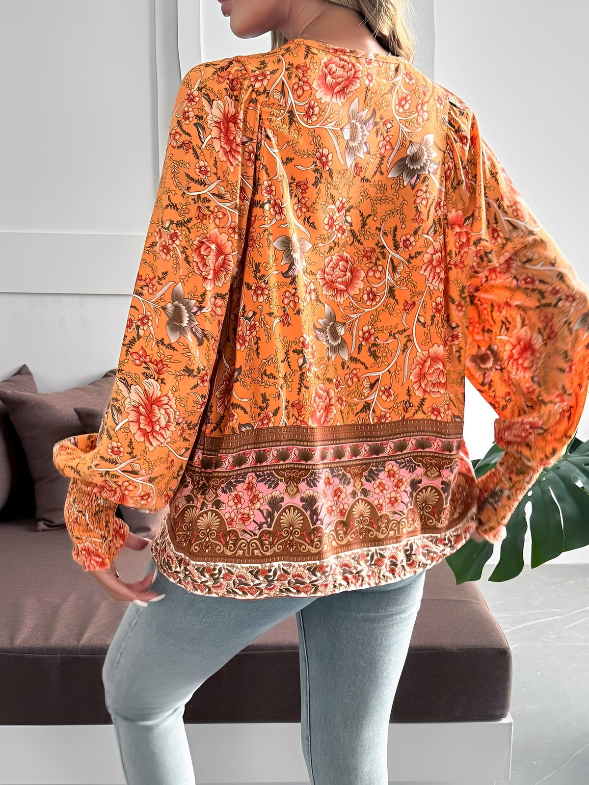 Lace-Up Boho Floral Smock Long Sleeves Blouse