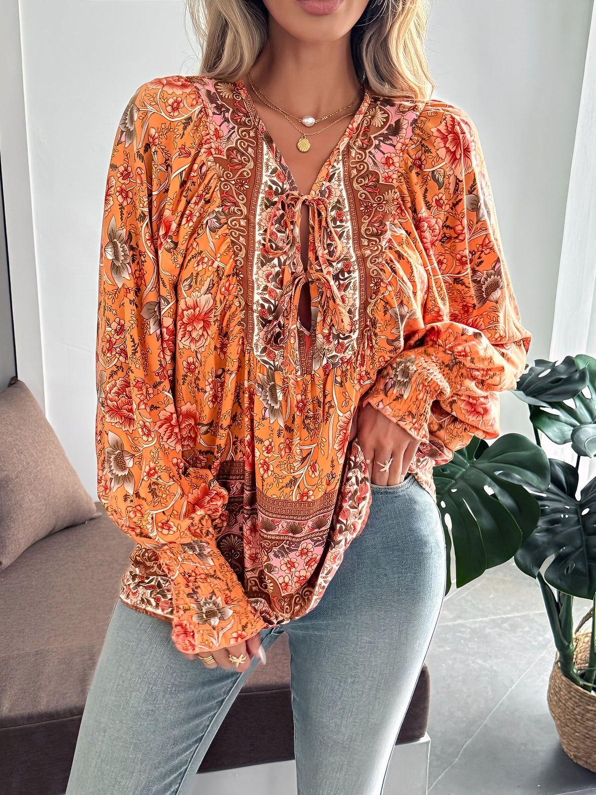 Lace-Up Boho Floral Smock Long Sleeves Blouse