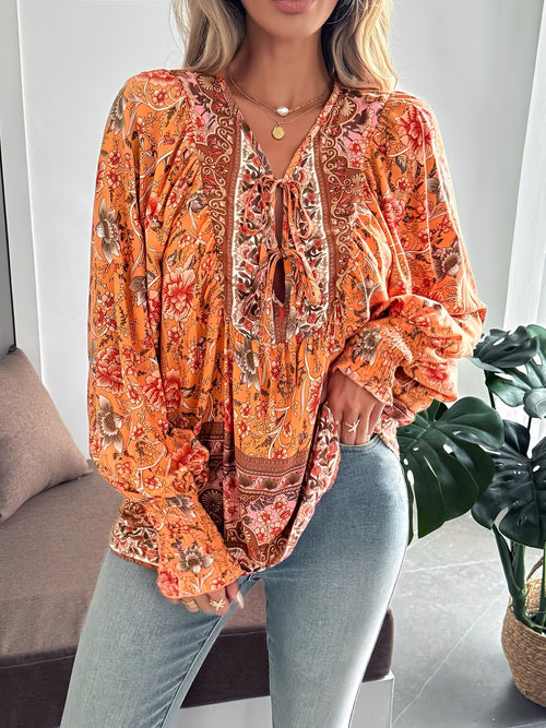 Lace-Up Boho Floral Smock Long Sleeves Blouse