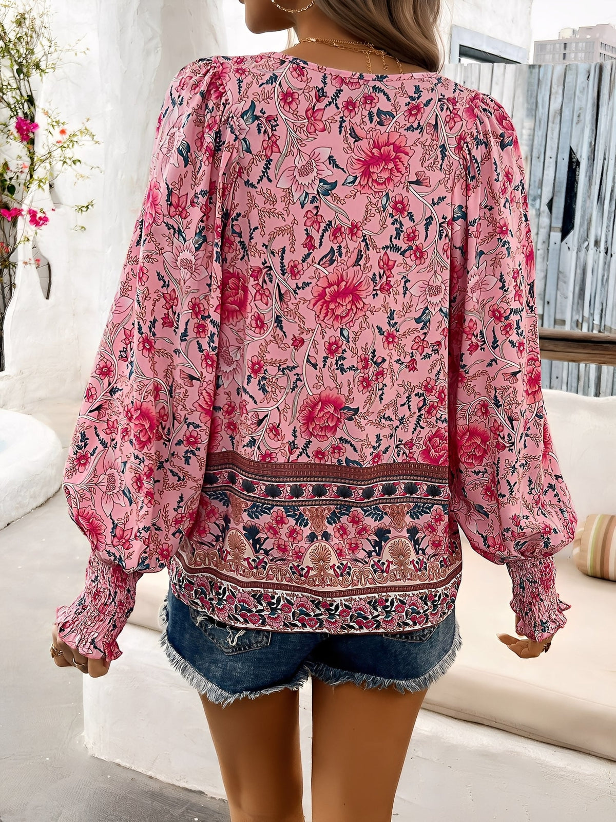 Lace-Up Boho Floral Smock Long Sleeves Blouse