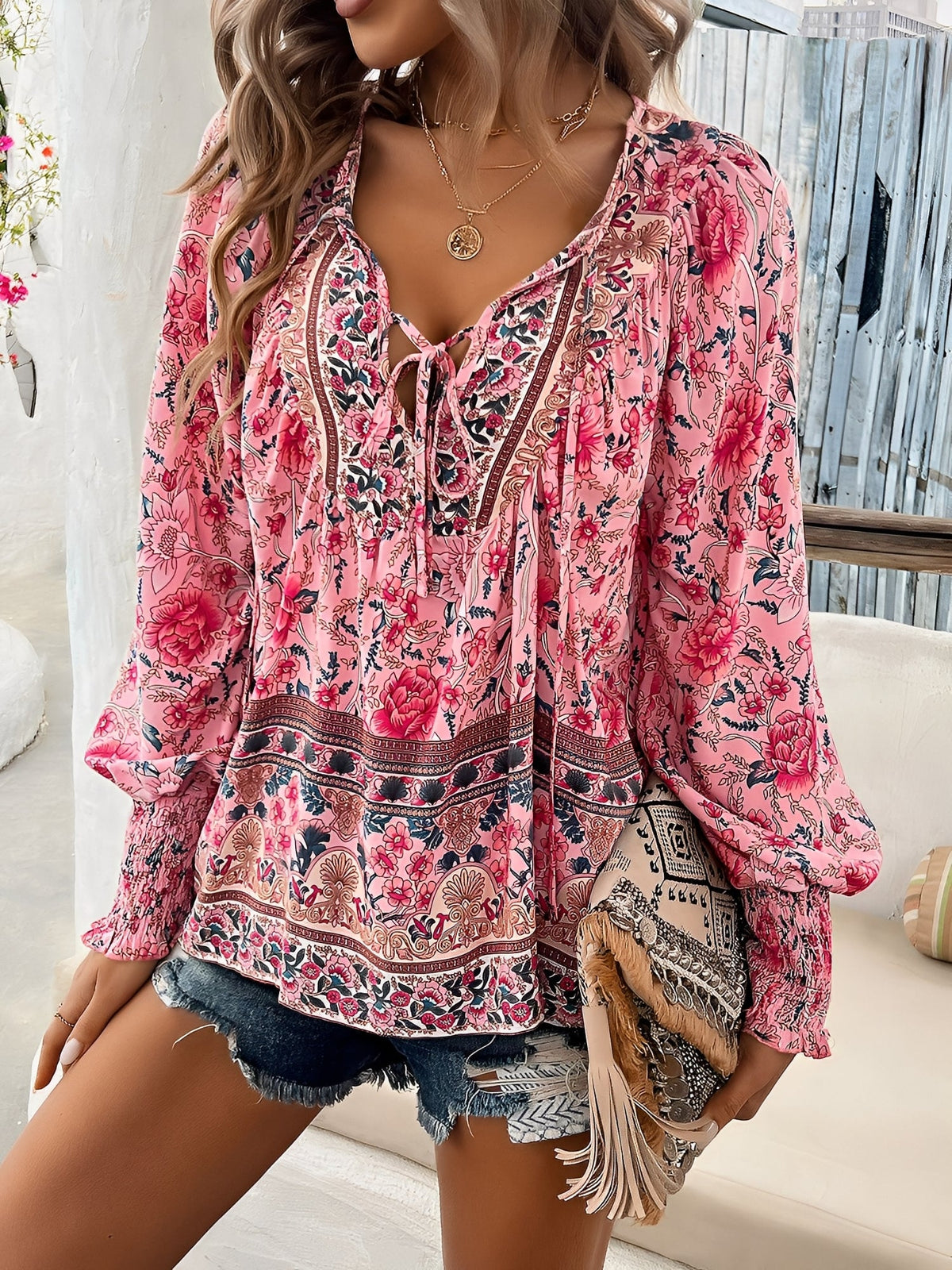 Lace-Up Boho Floral Smock Long Sleeves Blouse