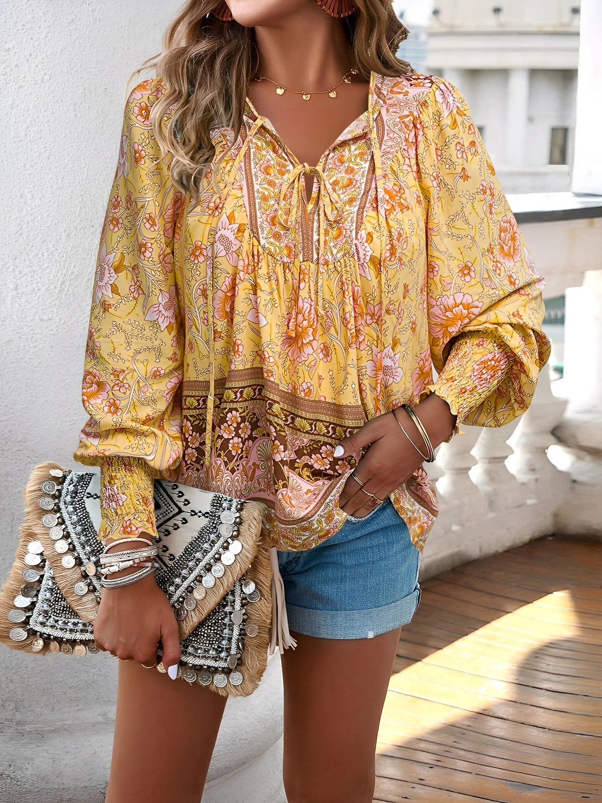 Lace-Up Boho Floral Smock Long Sleeves Blouse