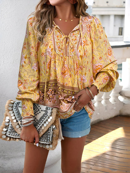 Lace-Up Boho Floral Smock Long Sleeves Blouse