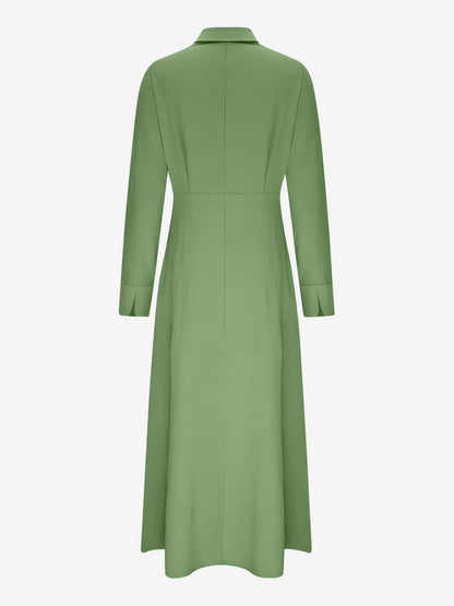 Solid Color Collared Long Sleeve Pockets Slit Dress