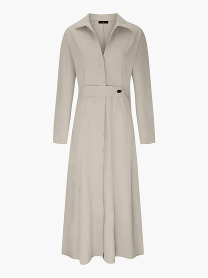 Solid Color Collared Long Sleeve Pockets Slit Dress