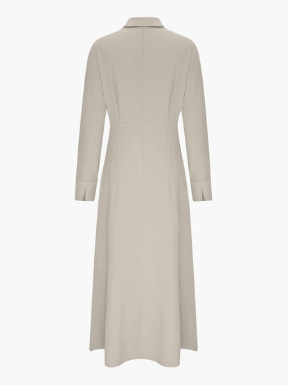 Solid Color Collared Long Sleeve Pockets Slit Dress