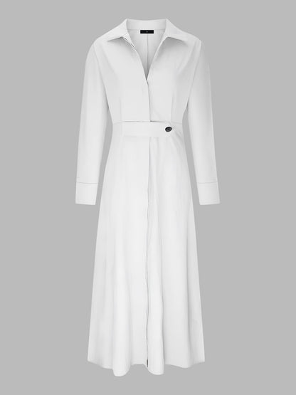 Solid Color Collared Long Sleeve Pockets Slit Dress