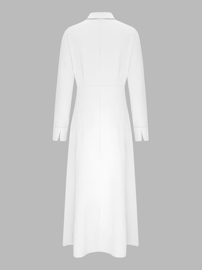 Solid Color Collared Long Sleeve Pockets Slit Dress