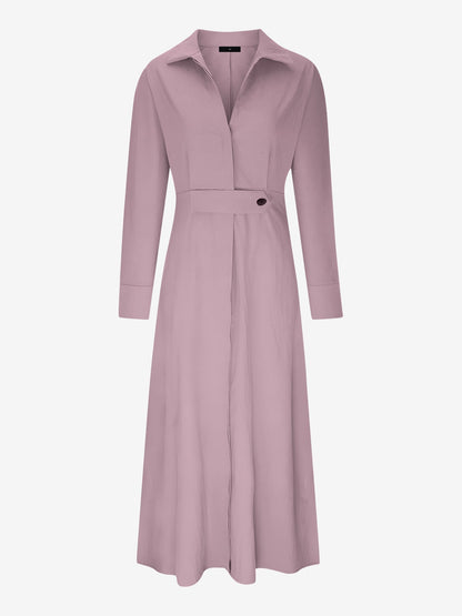 Solid Color Collared Long Sleeve Pockets Slit Dress