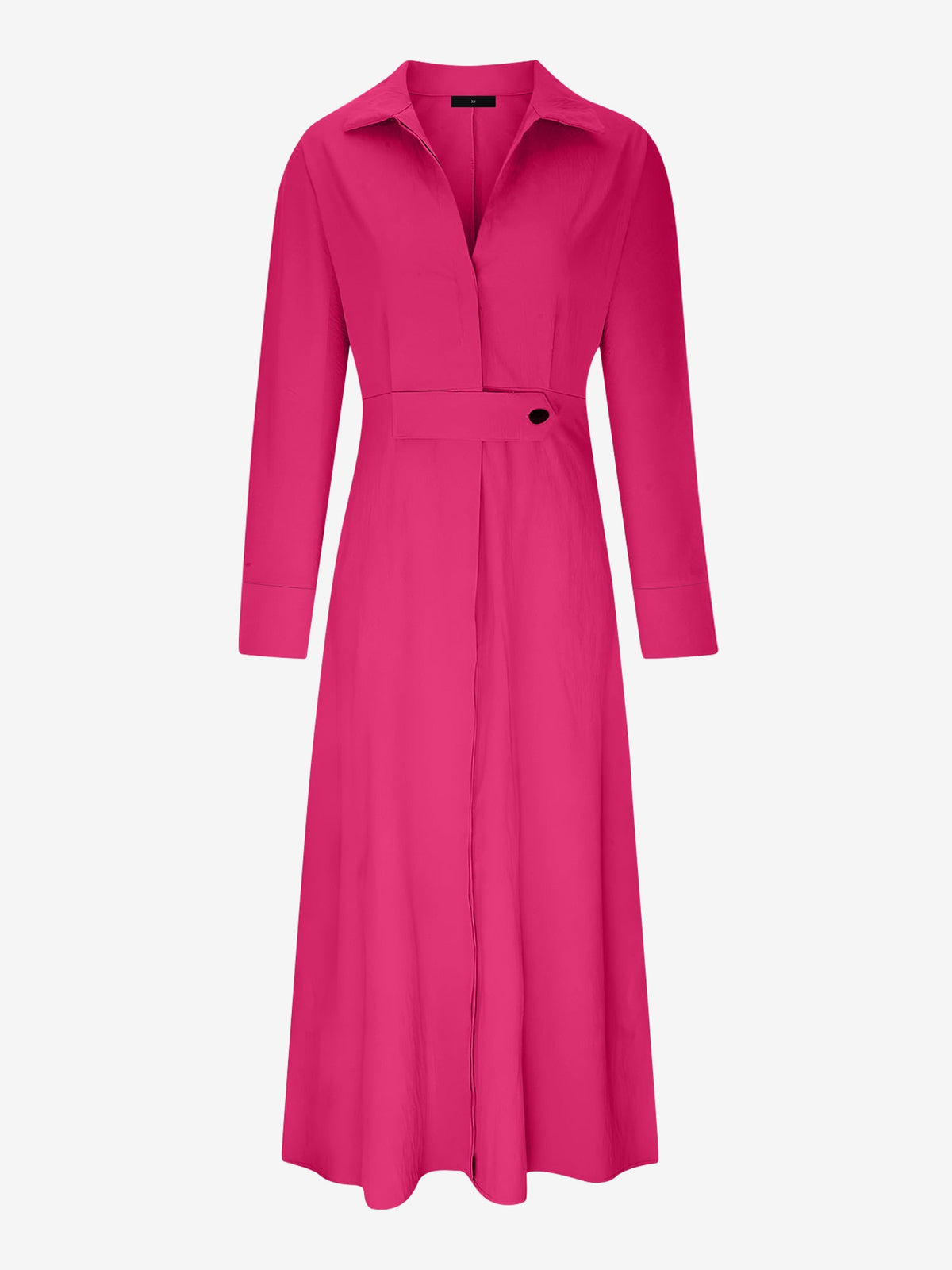 Solid Color Collared Long Sleeve Pockets Slit Dress