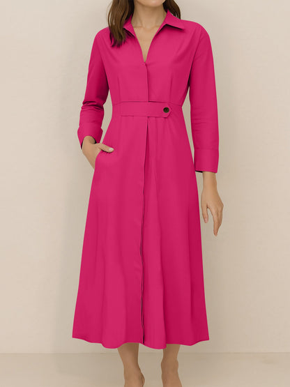 Solid Color Collared Long Sleeve Pockets Slit Dress