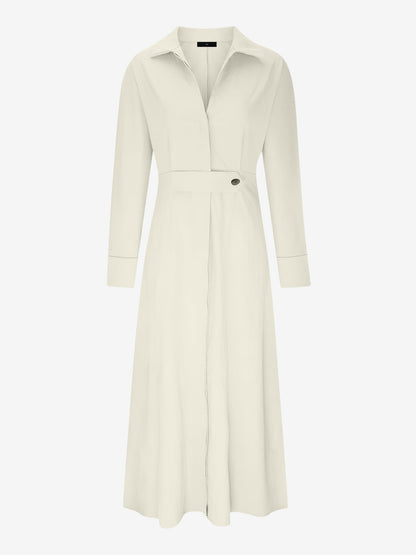 Solid Color Collared Long Sleeve Pockets Slit Dress