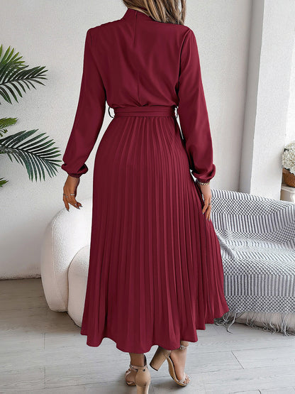 Ruched Mock Neck Tie Waist Pleated A-Line Dress