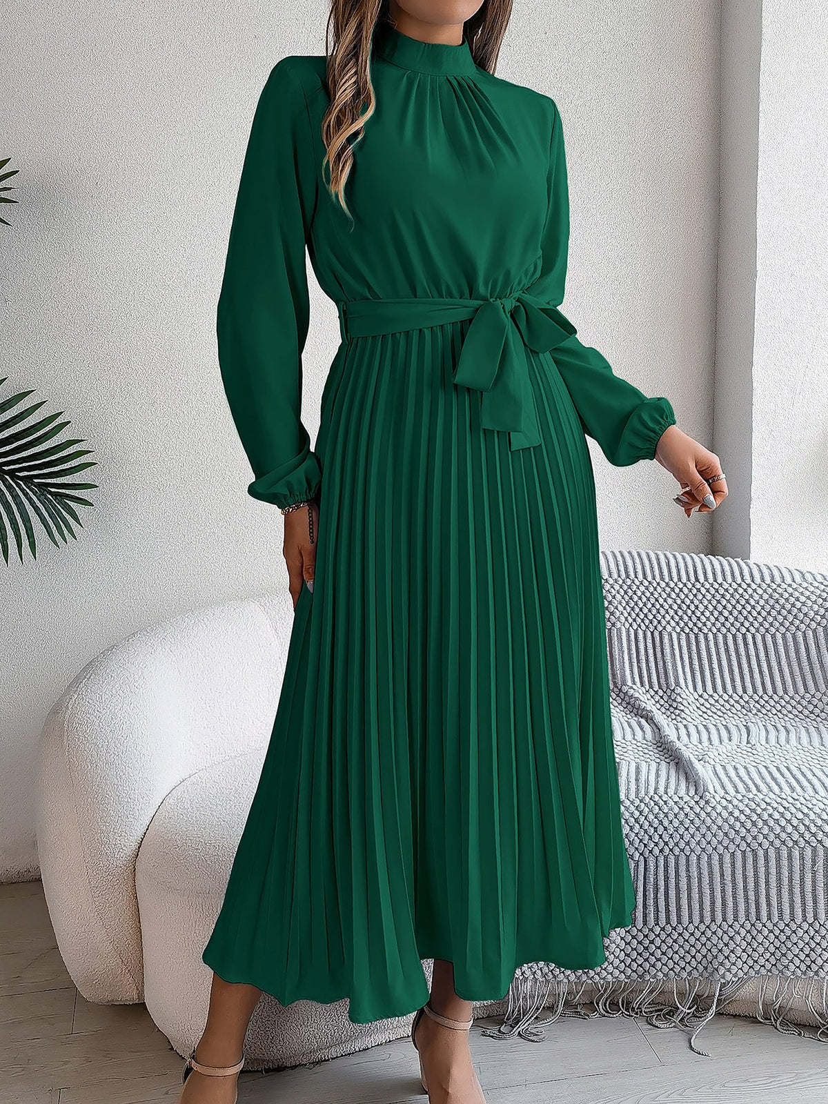Ruched Mock Neck Tie Waist Pleated A-Line Dress