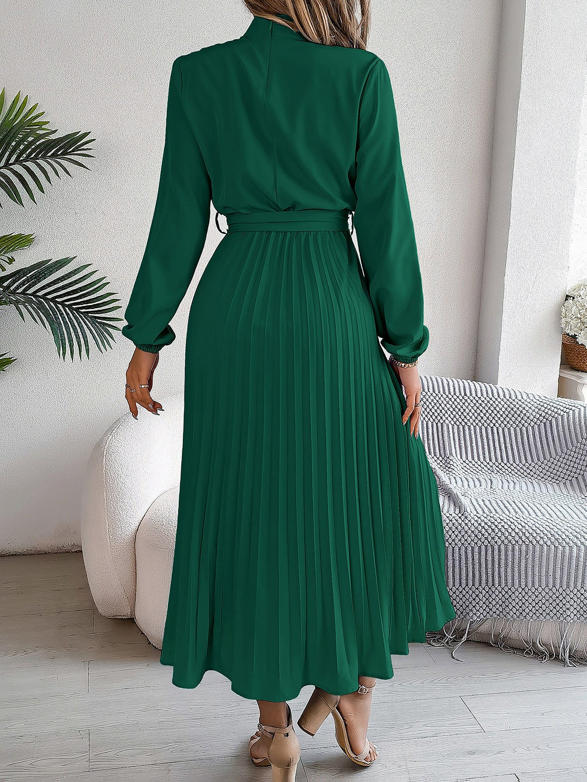 Ruched Mock Neck Tie Waist Pleated A-Line Dress