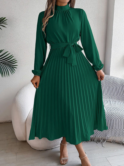 Ruched Mock Neck Tie Waist Pleated A-Line Dress