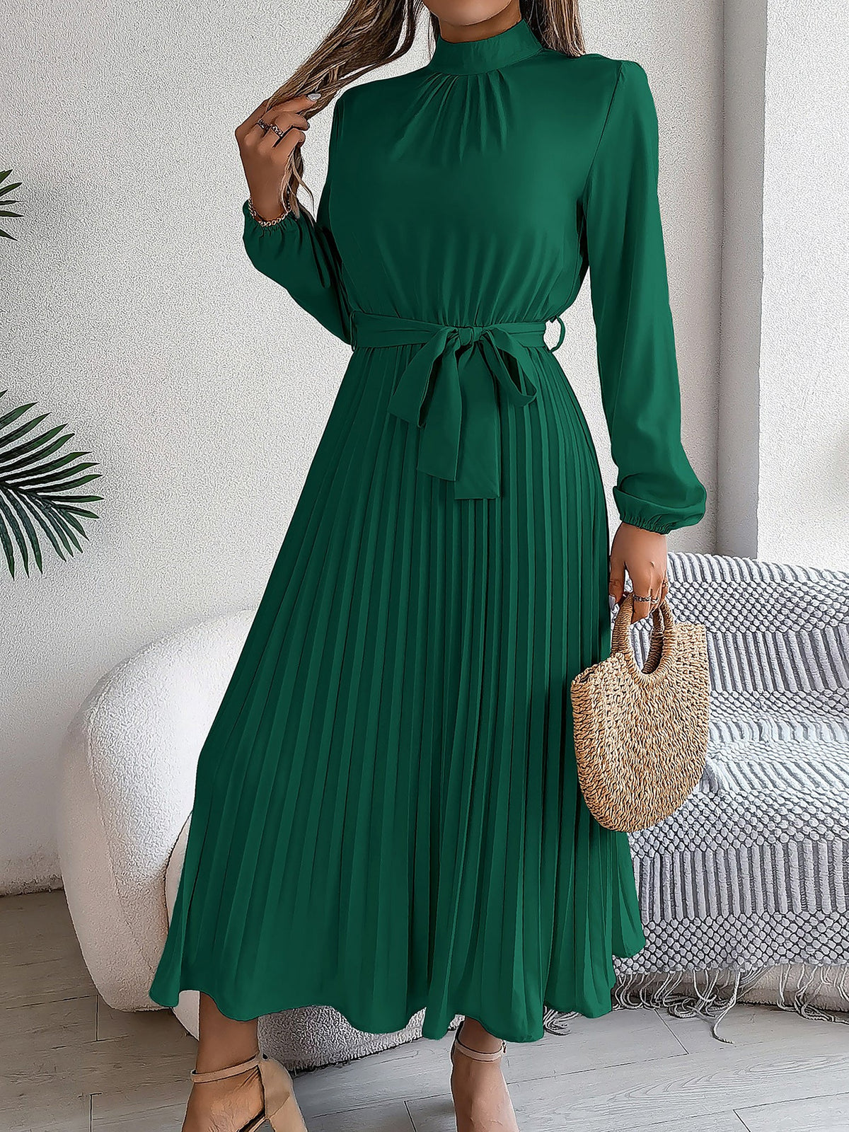 Ruched Mock Neck Tie Waist Pleated A-Line Dress