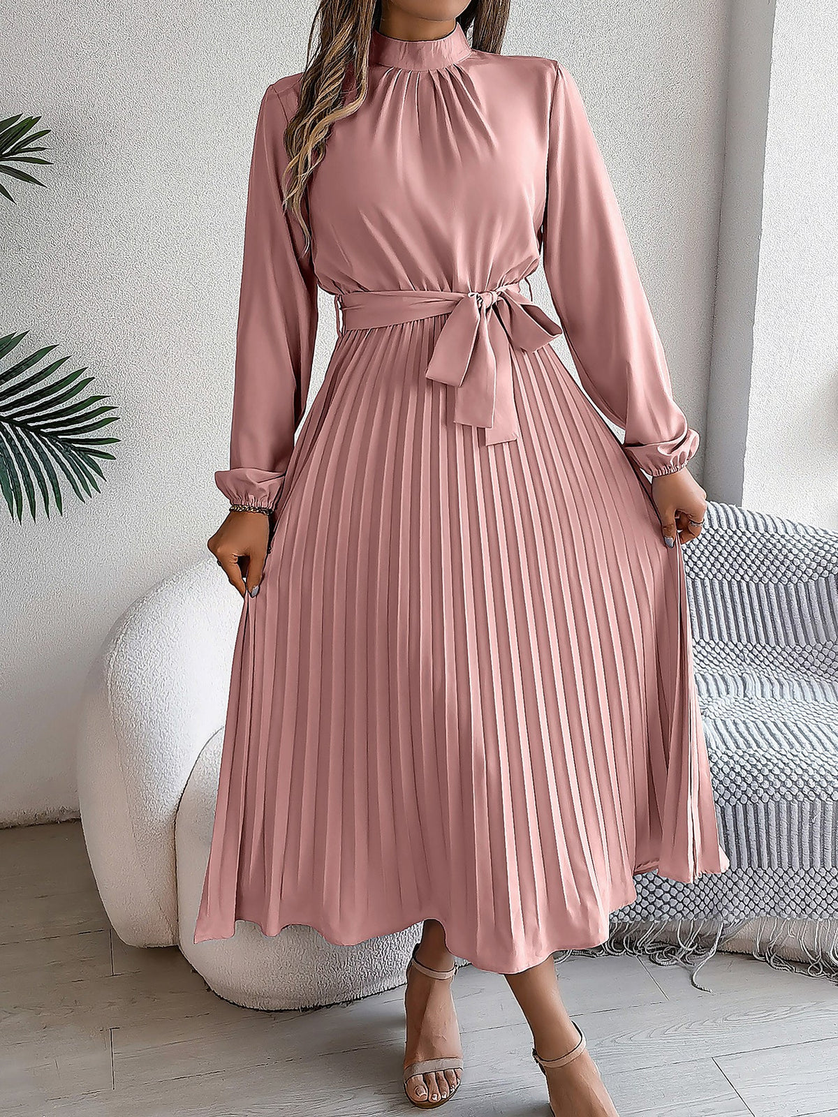 Ruched Mock Neck Tie Waist Pleated A-Line Dress